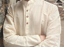 Load image into Gallery viewer, COTTON LINEN STRIPES OFF WHITE LONG KURTA
