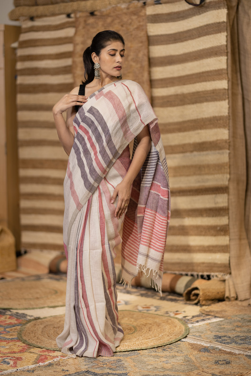 DHARINI LINEN RED VIOLET STRIPES SAREE