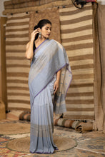 Load image into Gallery viewer, VITHI COTTON LINEN BOOTI SKY BLUE STRIPE SAREE
