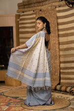 Load image into Gallery viewer, VITHI COTTON LINEN BOOTI SKY BLUE STRIPE SAREE
