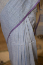 Load image into Gallery viewer, VITHI COTTON LINEN BOOTI SKY BLUE STRIPE SAREE
