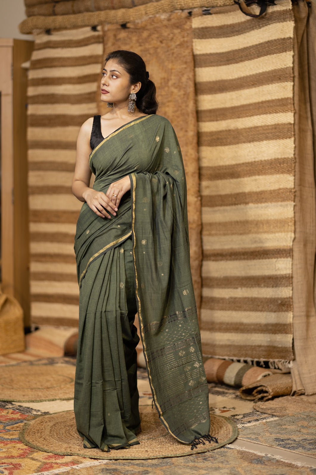 JAMDANI KHADI FAUN GREEN SAREE