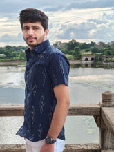 Load image into Gallery viewer, IKAT 07 COTTON NAVY BLUE HALF SHIRT
