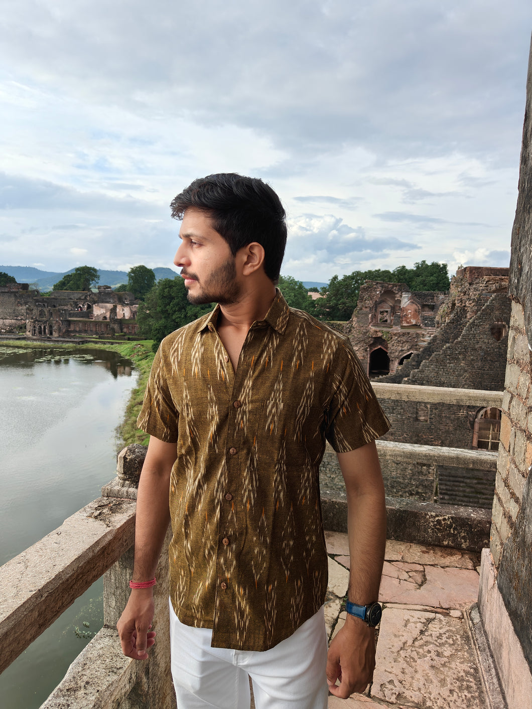 IKAT 10 COTTON MUSTARD HALF SHIRT