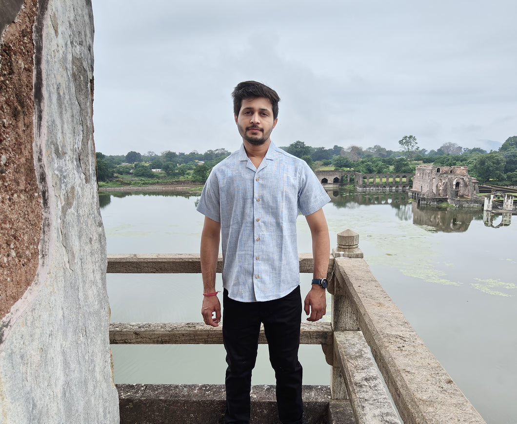 KHADI SELF DOTTED BLUE HALF SHIRT