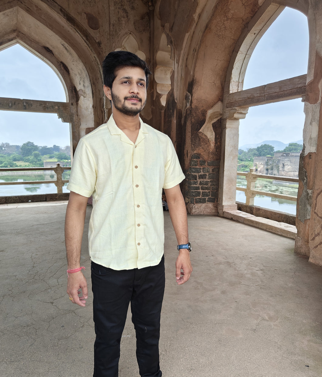 KHADI W SELF AMBER YELLOW HALF SHIRT