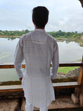 Load image into Gallery viewer, COTTON JUTE-KHADI STRIPES WHITE LONG KURTA
