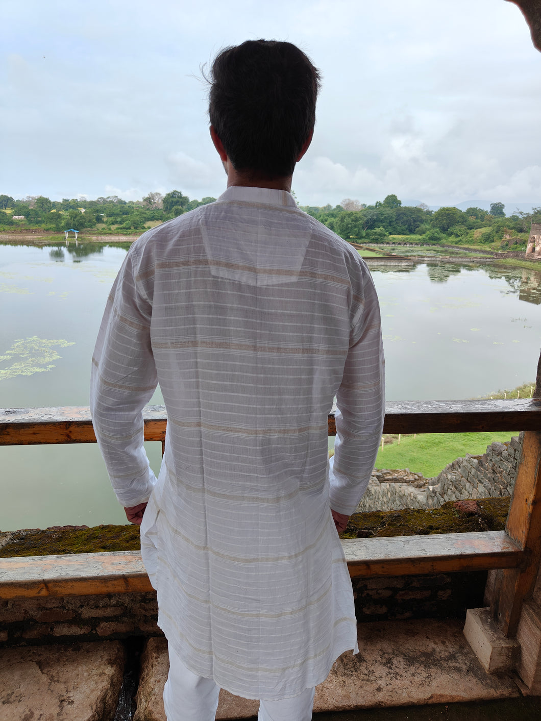 COTTON JUTE-KHADI STRIPES WHITE LONG KURTA