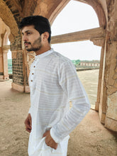 Load image into Gallery viewer, COTTON JUTE-KHADI STRIPES WHITE LONG KURTA
