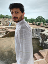 Load image into Gallery viewer, COTTON JUTE-KHADI STRIPES WHITE LONG KURTA
